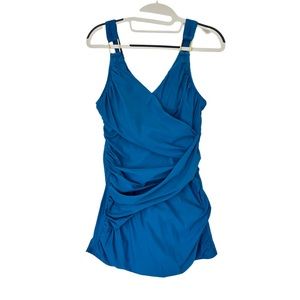 SPANX‎ Swimsuit One Piece Sz 8 Blue Draped Swim Dress Ruched Vacation Slimming
